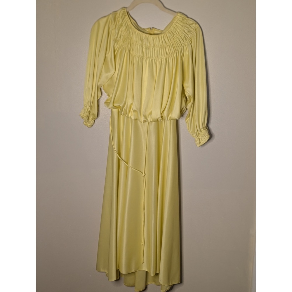 Vintage 70s Yellow Smocked Blouson Midi Dress Long Sleeve Retro Party Event L